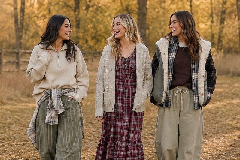 Three women walking outdoors in an autumn park wearing cozy, casual fall outfits. The woman on the left wears a beige quarter-zip pullover, olive green pinstripe pants, and a plaid shirt tied at her waist.