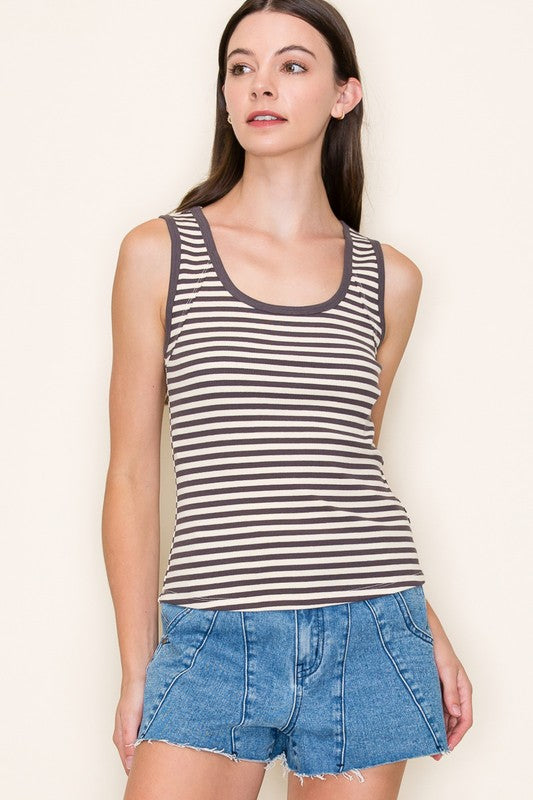 Kim Striped Rib Tank - Charcoal