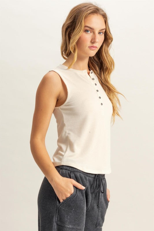 Henley Snap Button Tank - Alpaca