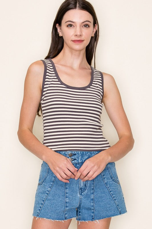 Kim Striped Rib Tank - Charcoal
