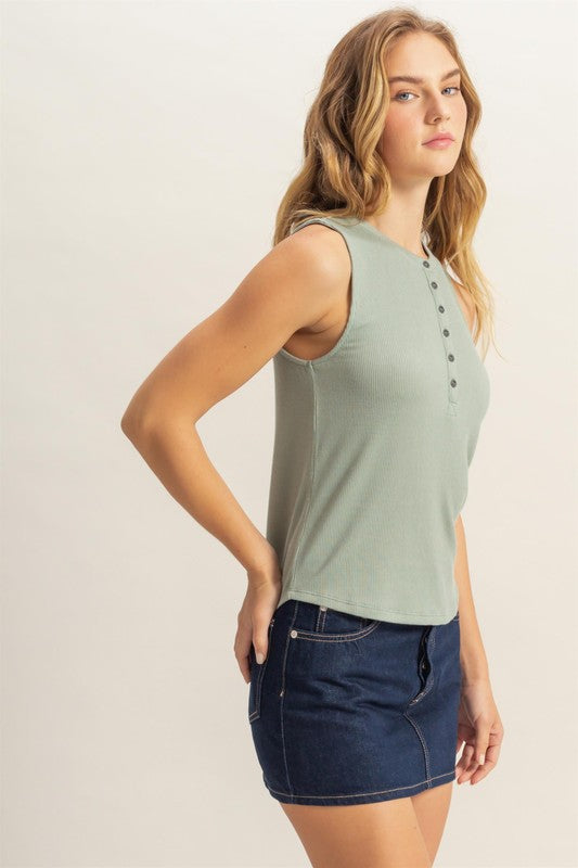Henley Snap Button Tank - Sage