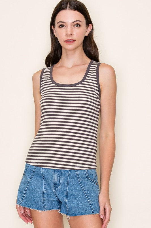 Kim Striped Rib Tank - Charcoal