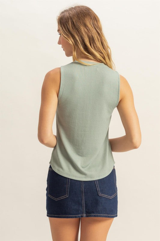 Henley Snap Button Tank - Sage