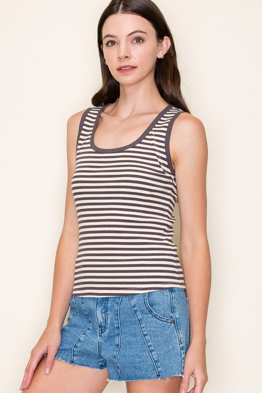 Kim Striped Rib Tank - Charcoal
